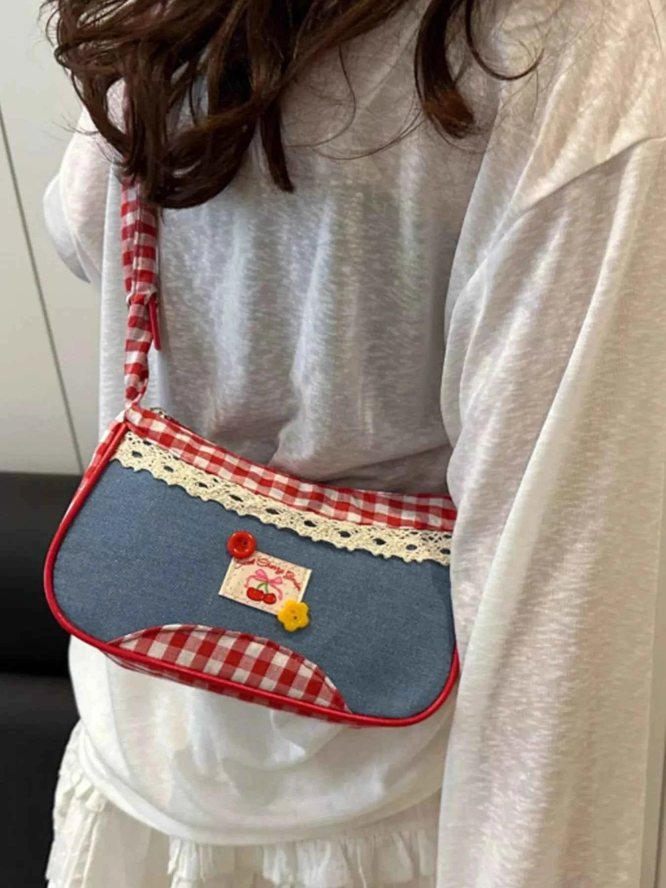 Cherry Plaid Strap Crossbody Bag