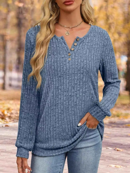 Ribbed Knit Button-Front Long Sleeve T-Shirt