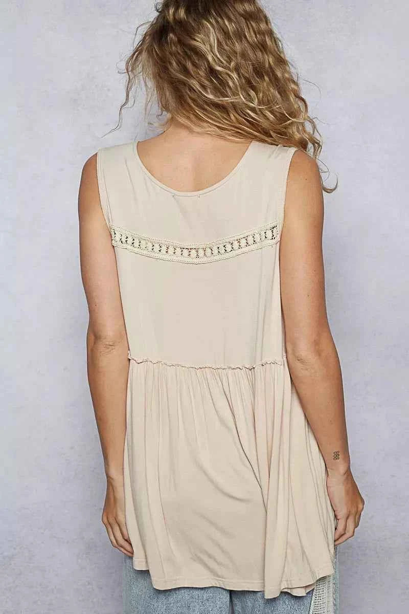 POL Lace Trim Babydoll Sleeveless Top with Ruffled and Raw Edge Detail