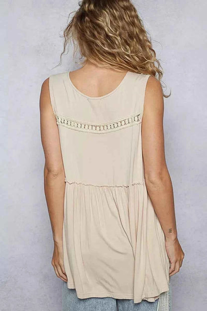 POL Lace Trim Babydoll Sleeveless Top with Ruffled and Raw Edge Detail