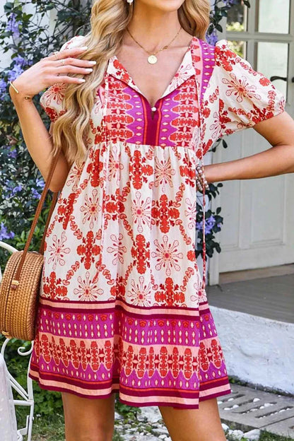 Boho Floral Short Sleeve Tie Neck Mini Dress