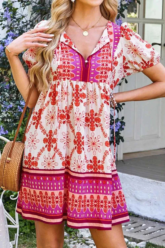 Boho Floral Short Sleeve Tie Neck Mini Dress