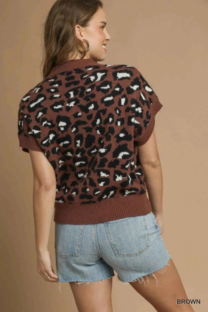 Umgee Leopard Button Down Short Sleeve Cardigan
