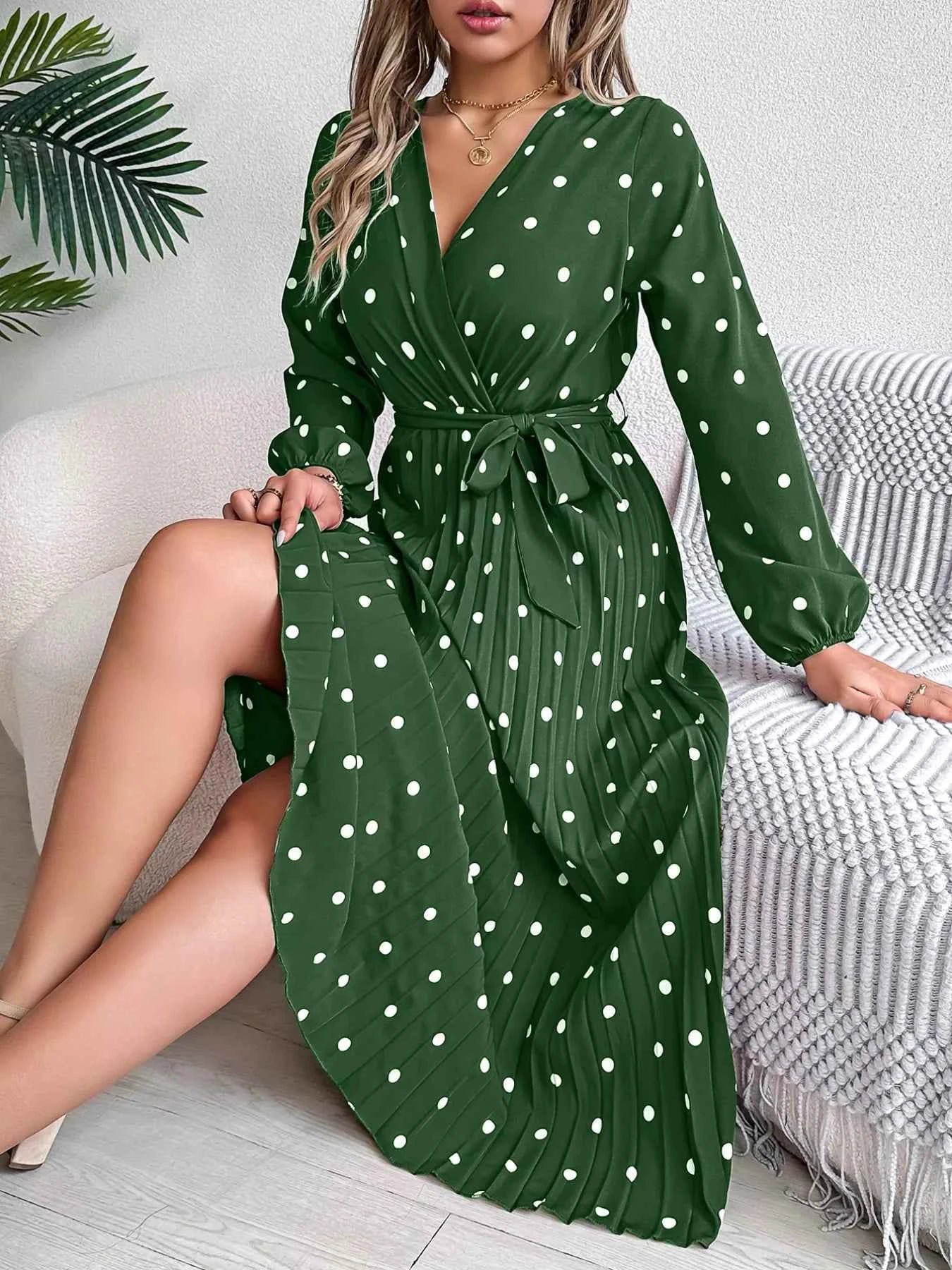 Front Tie Polka Dot Midi Pleated Dress