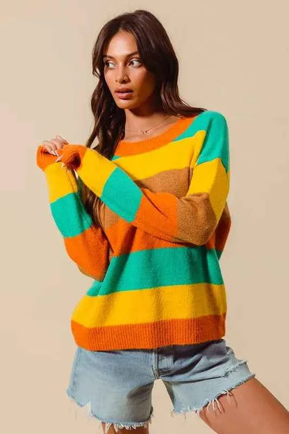 SO ME Multi Color Stripe Sweater with Ribbed Detail