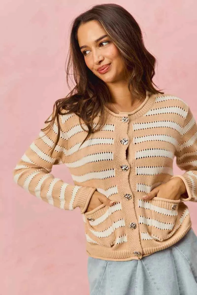 SO ME Stripe Long Sleeves Button Sweater Cardigan