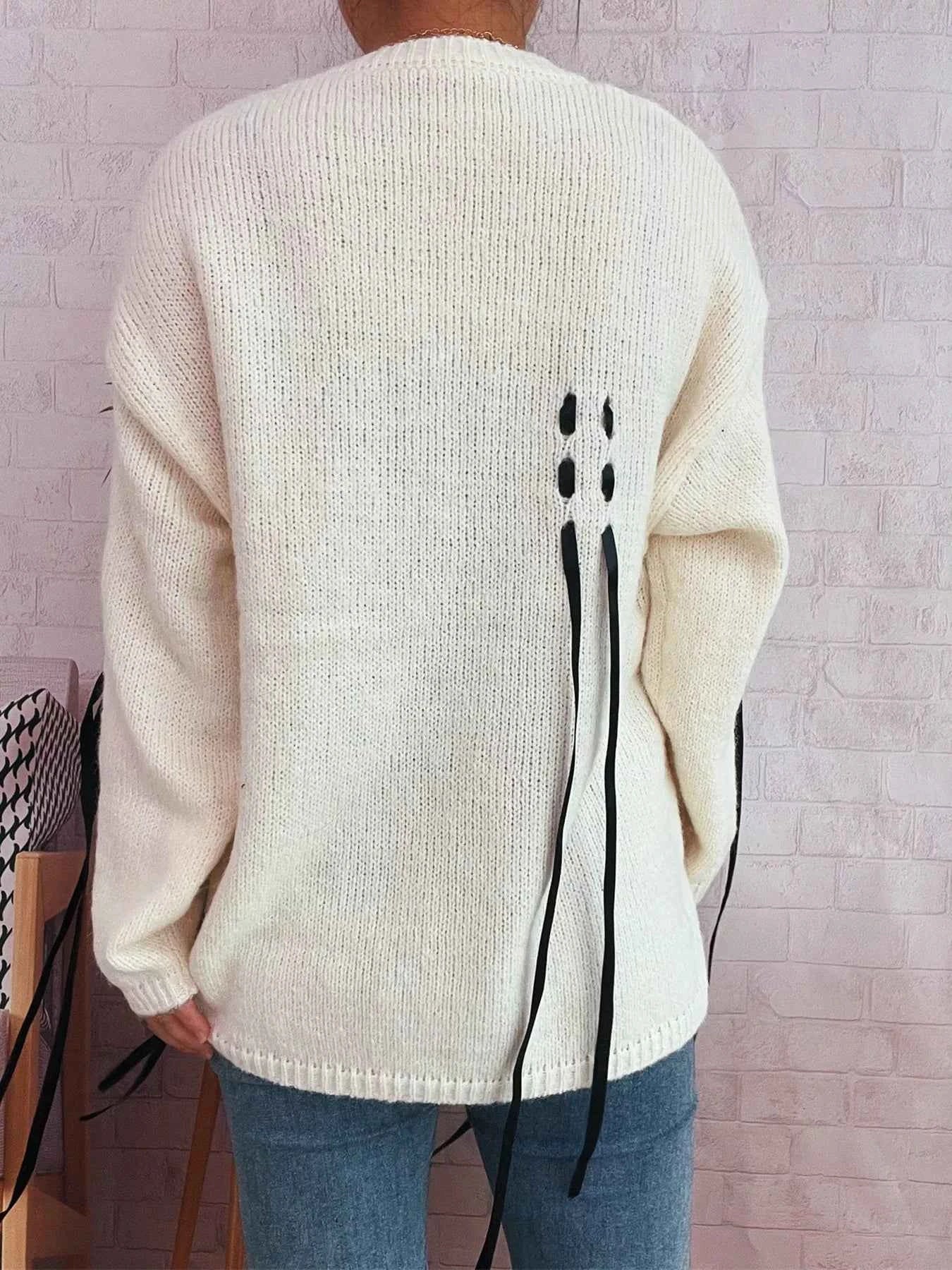 Round Neck Long Sleeve Sweater with Ribbon Details