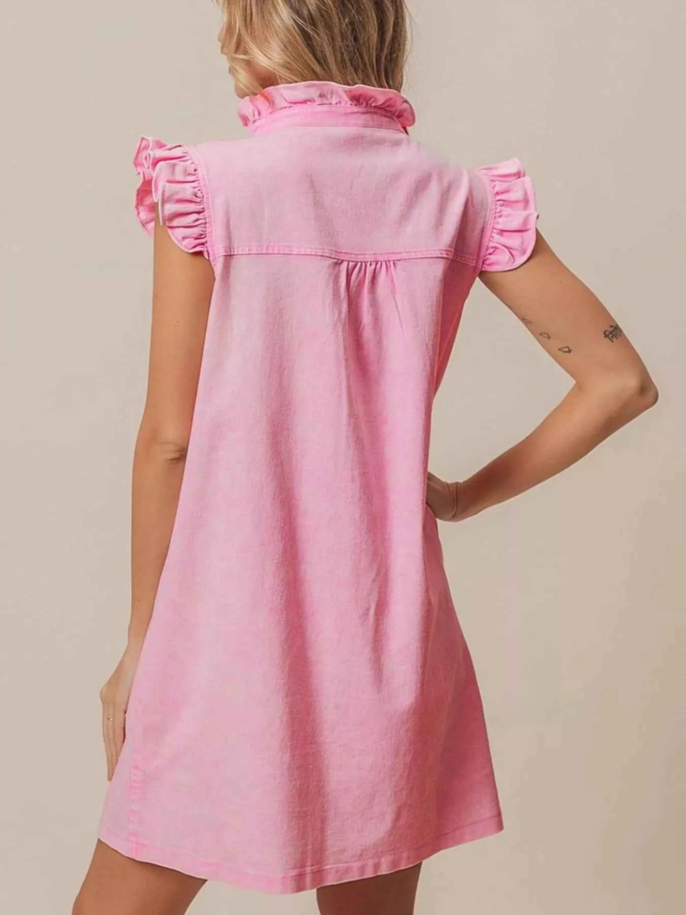 Ruffled Trim Button-Down Denim Dress