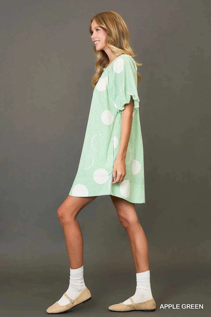 Umgee Stripe and Dot Print Button Down Puff Sleeve Mini Dress