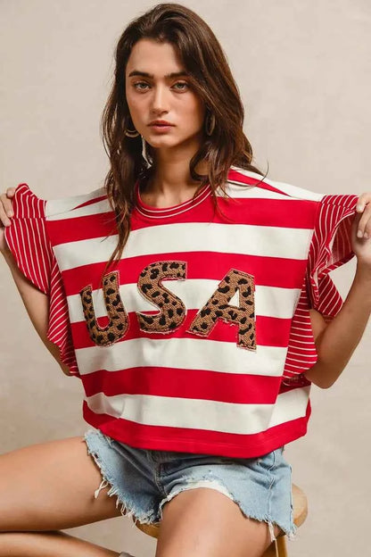BiBi Stripe Mixed Ruffle Sleeve Top With Leopard Letter