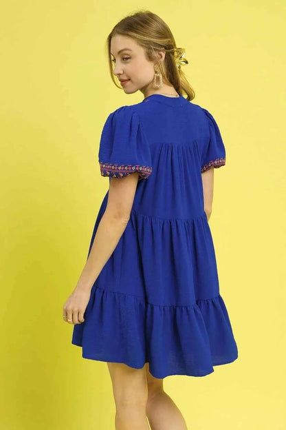 Umgee Floral Trim Puff Sleeve Mini Dress