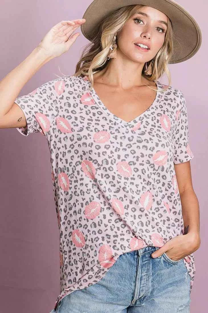 BiBi Leopard Lips Print Top V Neck Top