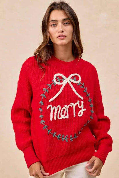 BiBi Christmas Wreath Merry Letter Knit Top