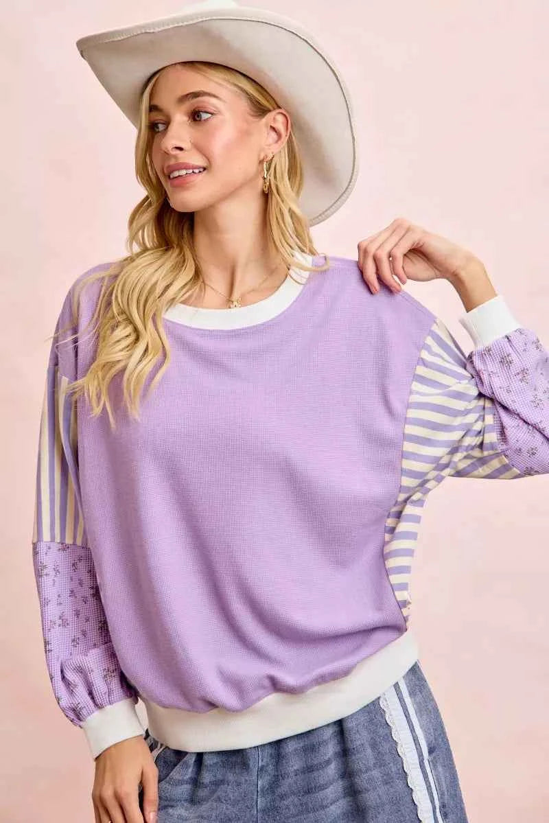 BiBi Mix and Match Sweatshirt with Floral Sleeve Striped