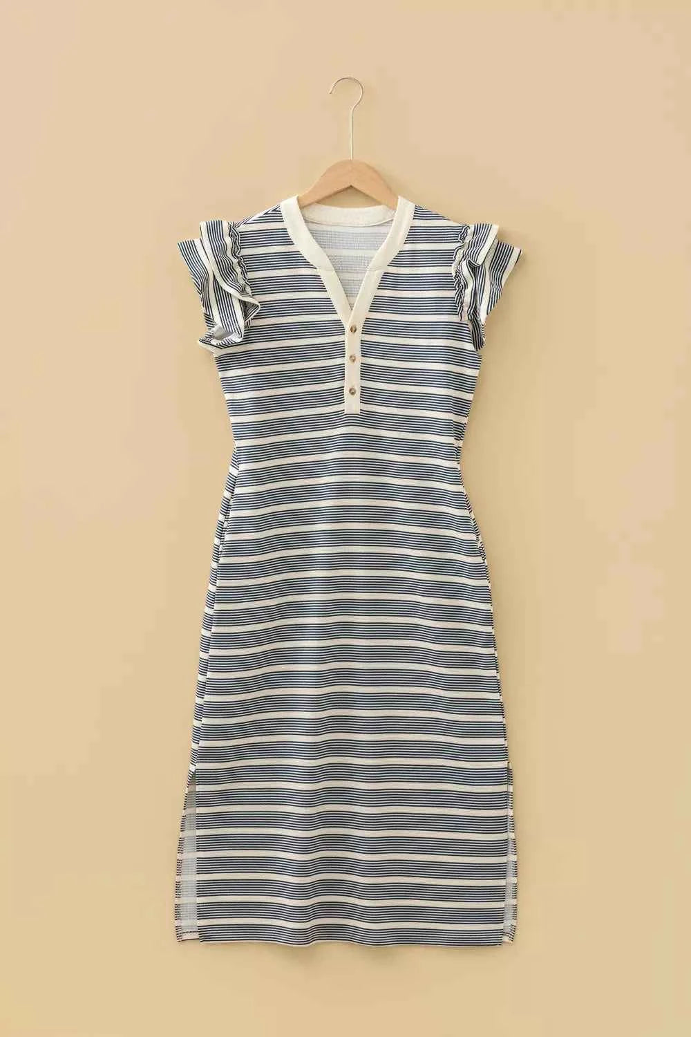 Stripe Ruffled Short Sleeve Contrast Trim Button Notched Neck Midi Dress