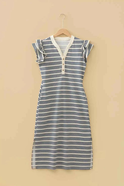 Stripe Ruffled Short Sleeve Contrast Trim Button Notched Neck Midi Dress