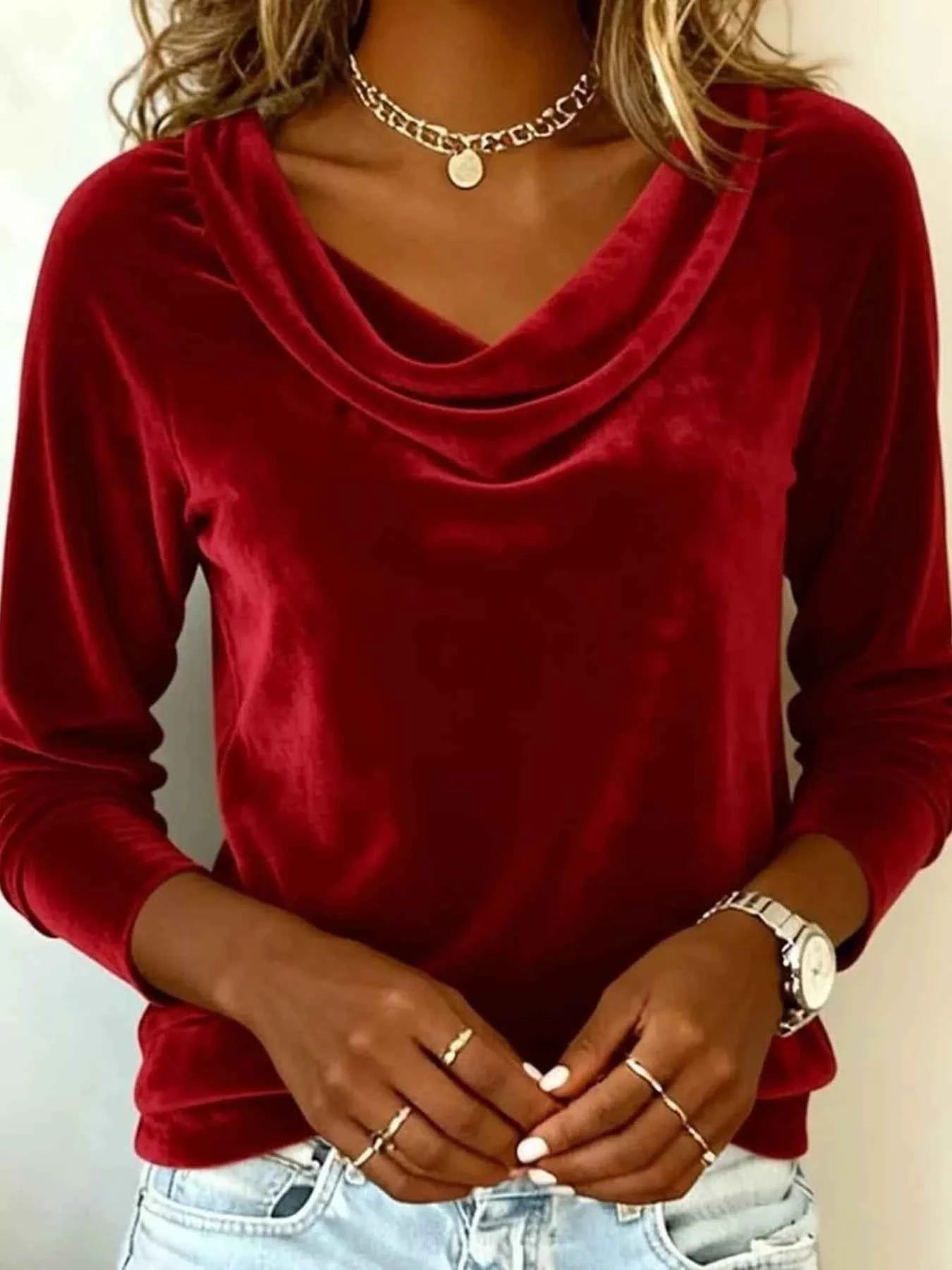 Velvet Cowl Neck Long Sleeve T-Shirt