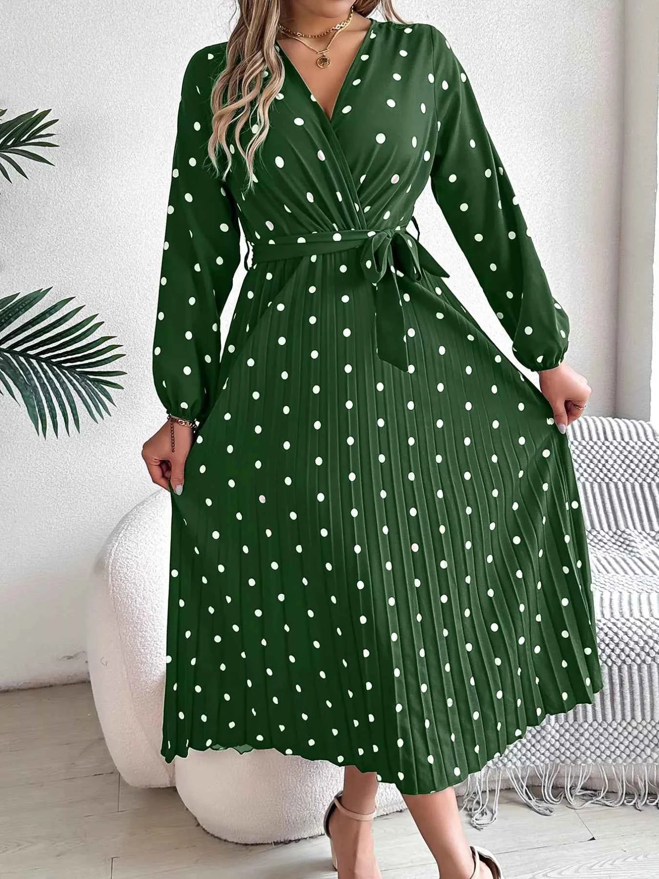 Front Tie Polka Dot Midi Pleated Dress