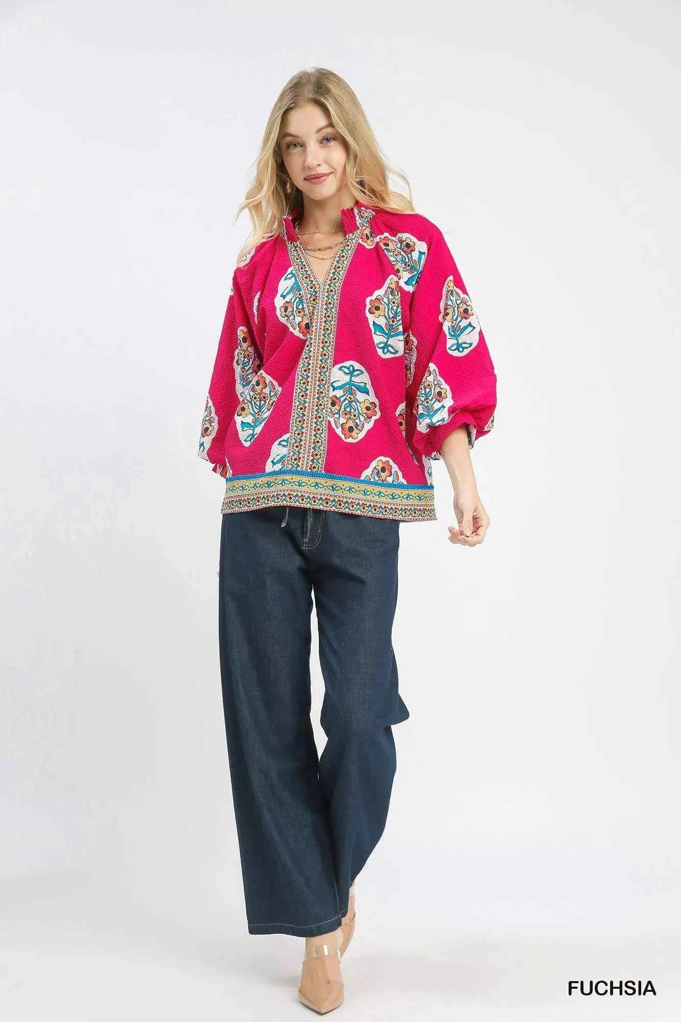 Umgee Boho Floral Print Tunic Blouse