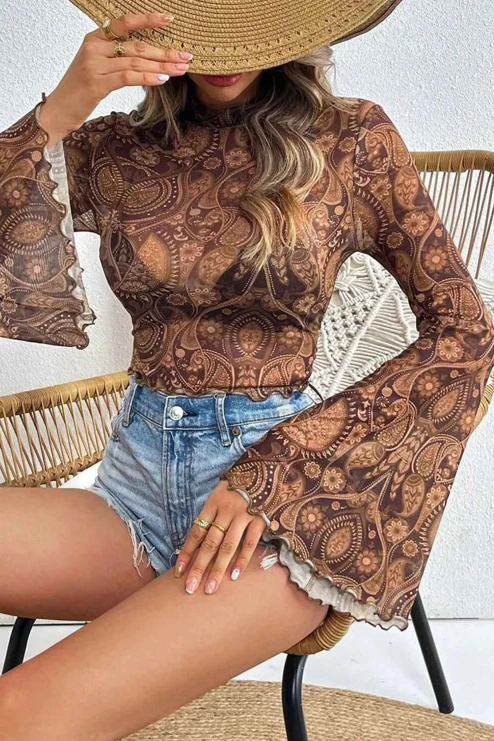 Printed Mock Neck Flare Sleeve Top
