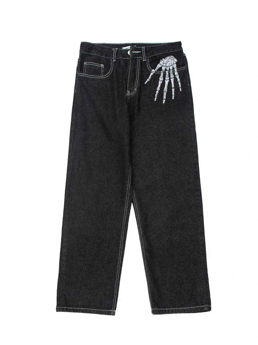 Men's Skeleton Embroidered Straight Leg Jeans