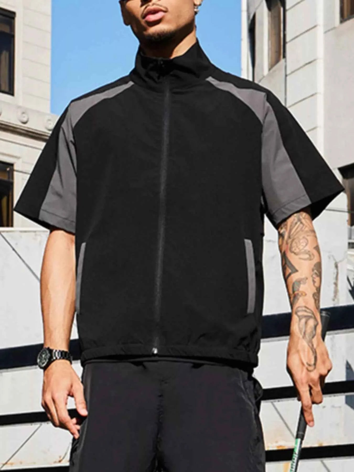 Men's Color Block Zip Up Short Sleeve Jacket