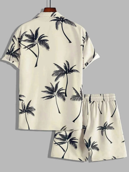 Men's Full Size Palm Print Button Up Shirt and Shorts Set Plus Size