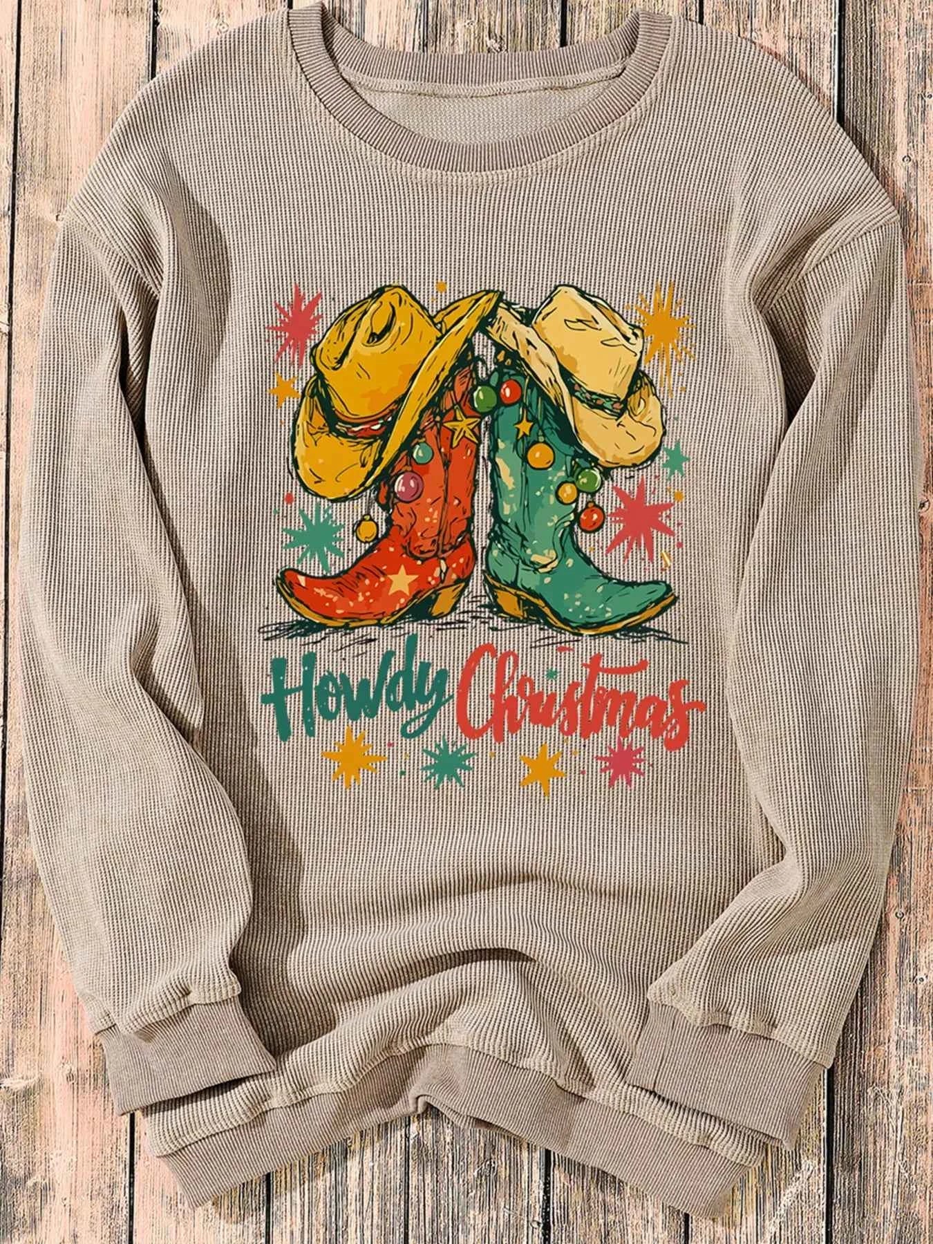 Howdy Christmas Cowboy Boots Graphic Corded Sweatshirt