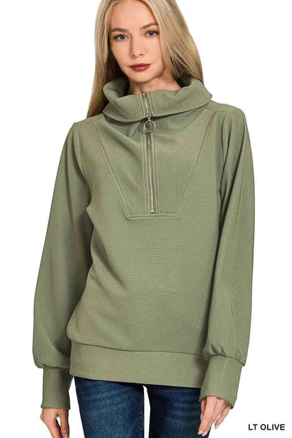 Zenana Ribbed High Neck Half Zip Pullover & Pants Set