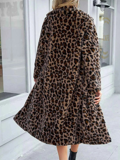 Leopard Print Faux Fur Longline Coat