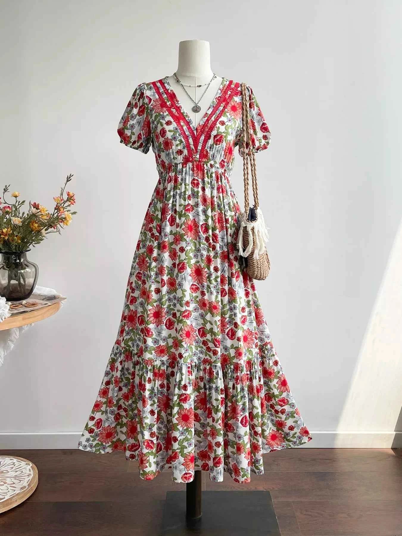 Floral Print V-Neck Ruffle Hem Midi Dress