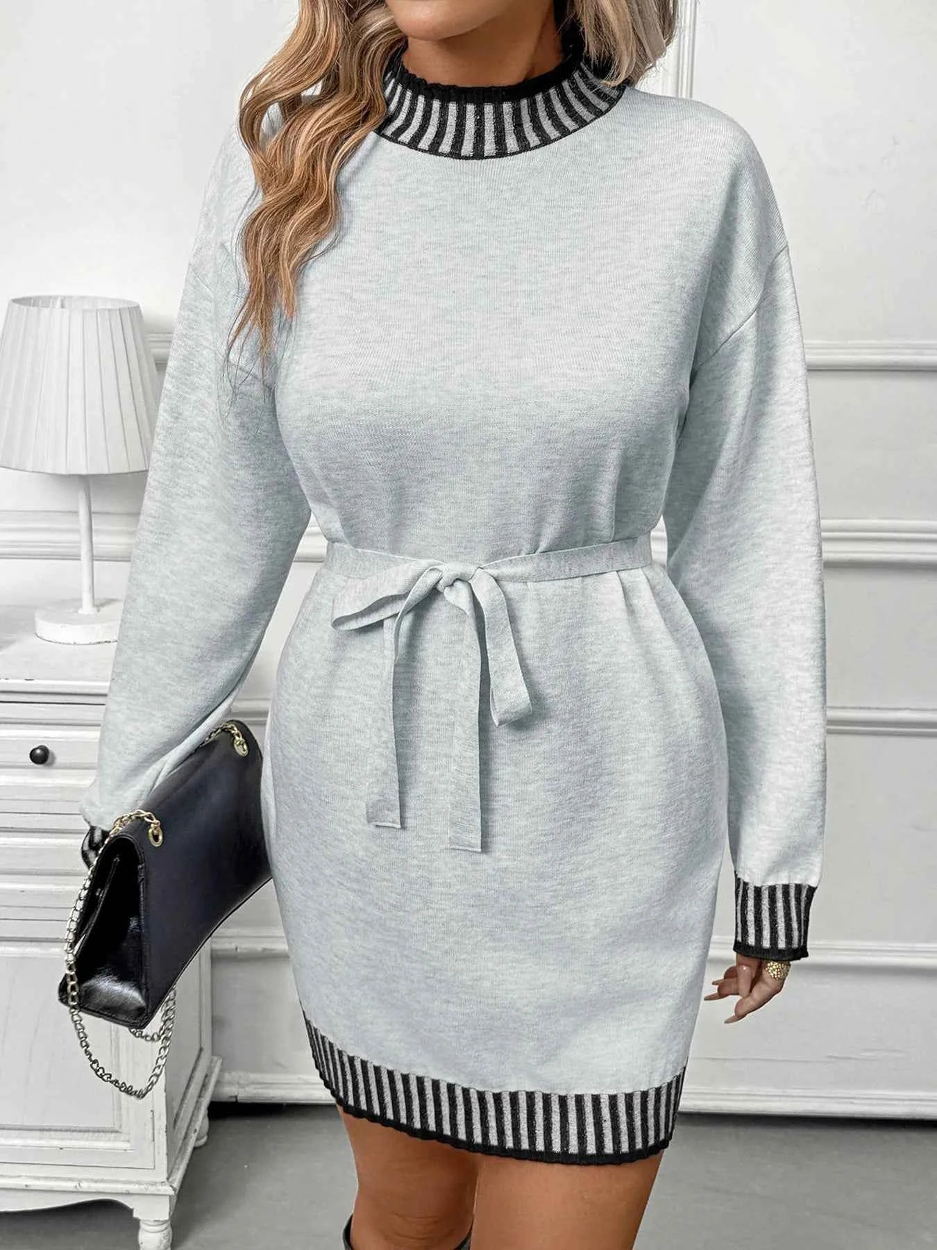 Striped Trim Tie Waist Sweater Dress
