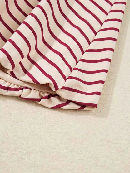 tripe Cropped Collared Drop Shoulder Pullover and Bubble Mini Skirt Set