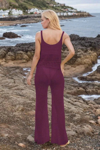 Hollow Out Round Neck Top and Pants Sweater Cover Up Set