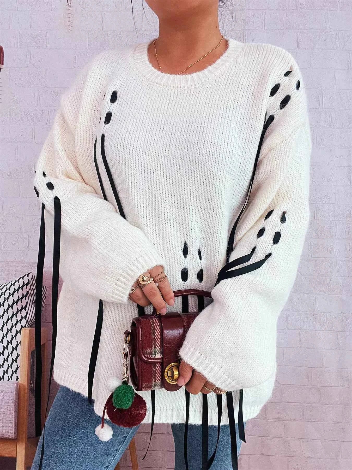 Round Neck Long Sleeve Sweater with Ribbon Details