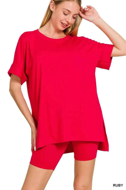 Zenana Full Size Brushed Dty Microfiber Round Neck Top and Biker Shorts Set Plus Size