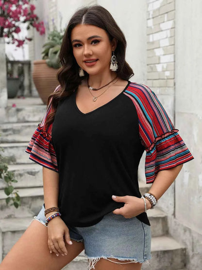 Plus Size V-Neck Flounce Sleeve Top