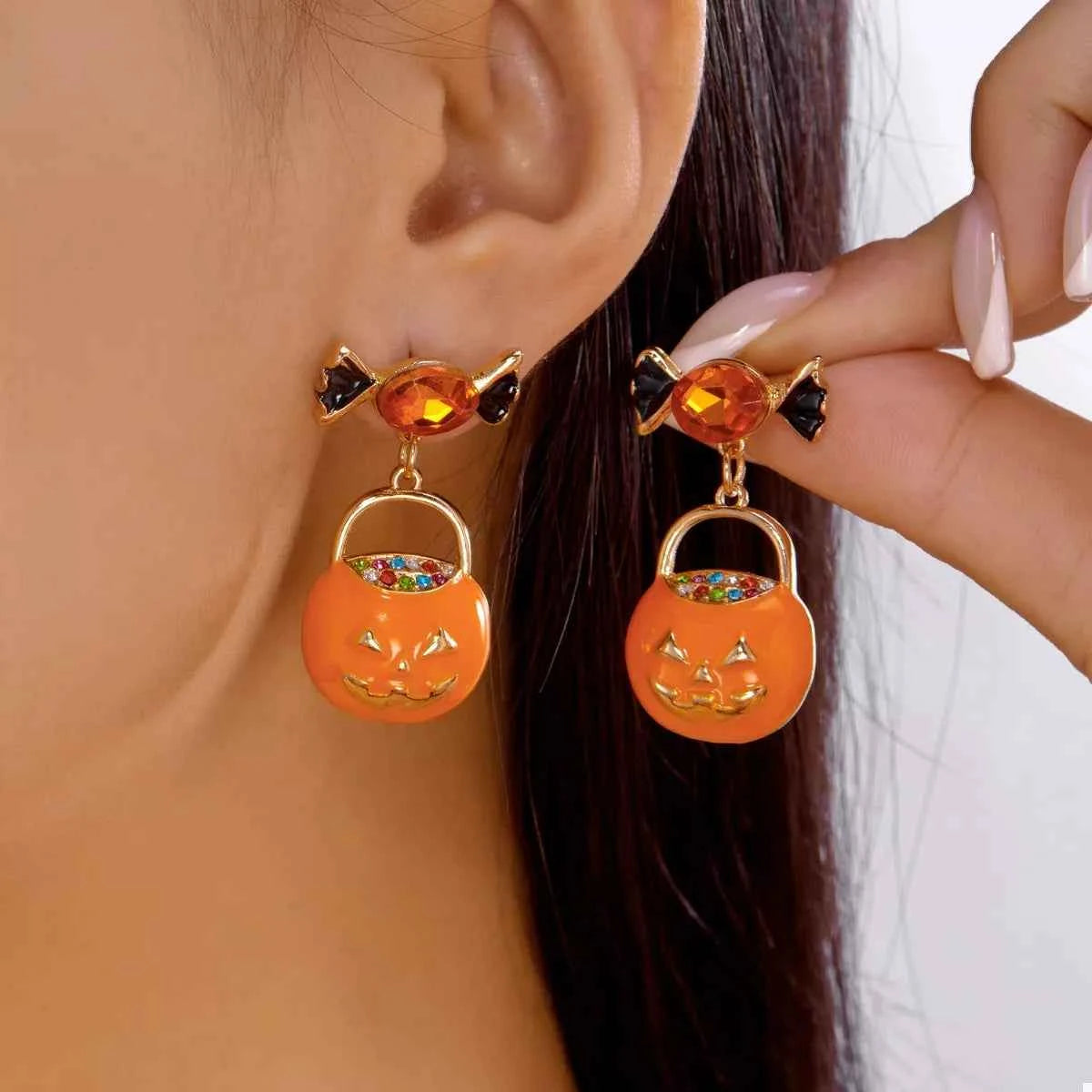 Halloween Rhinestone Pumpkin Dangle Earrings