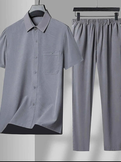 Men's Plus Size Button Up Short Sleeve Shirt and Pants Set