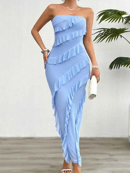 Ruffled Slit Back Tube Maxi Dress