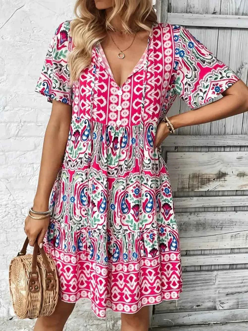 Printed Tie Neck Short Sleeve Dress