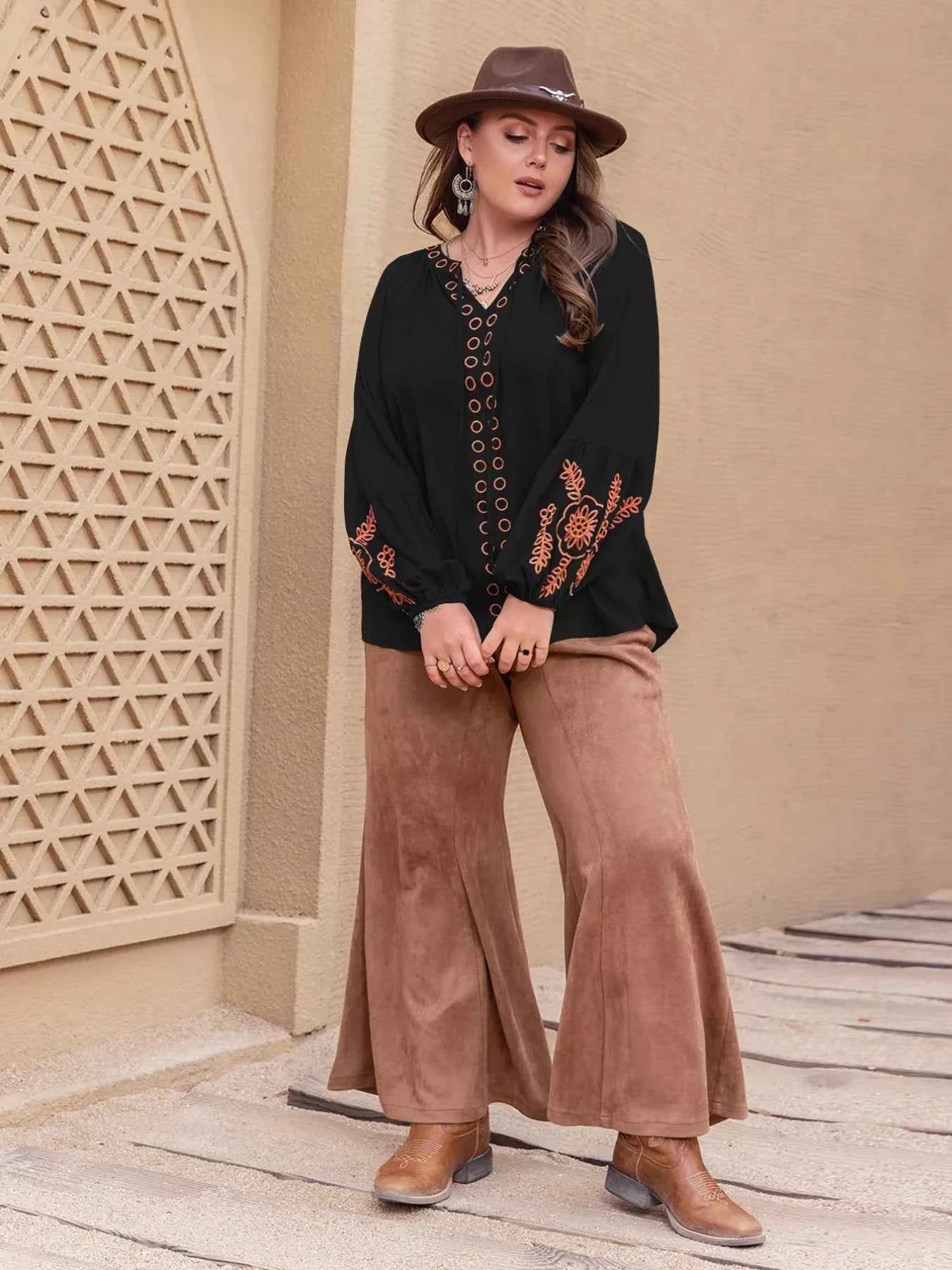 Plus Size Boho Embroidered Long Sleeve Blouse