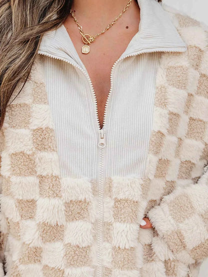 Checker Sherpa Corduroy Patchwork Zip Up Jacket