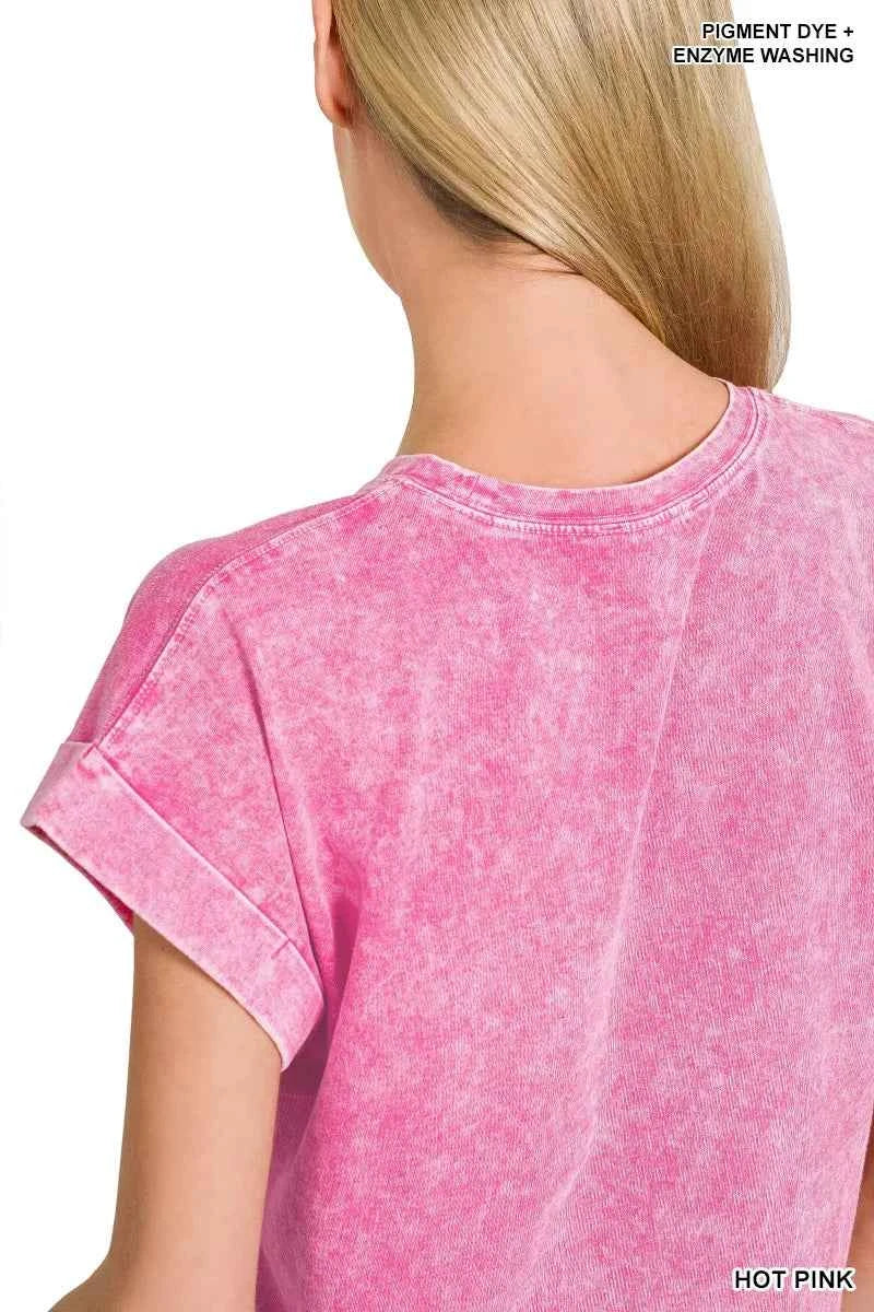 Zenana Halo Washed Cotton Cuffed Short Sleeve Top