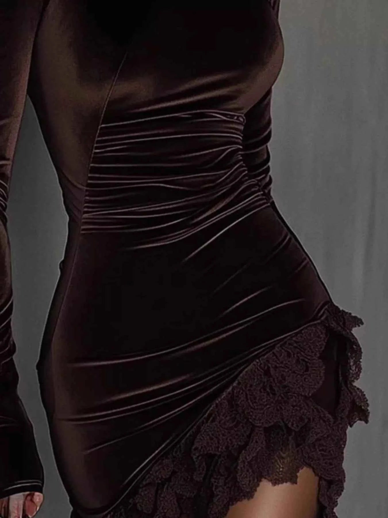 Velvet Lace Trim Turtleneck Mini Dress