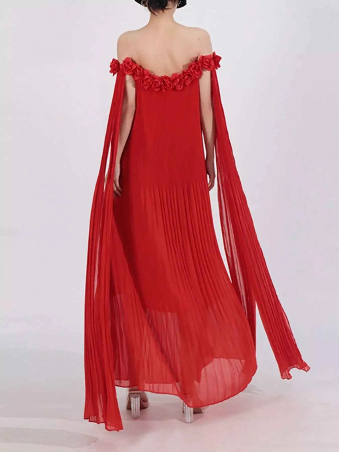 Off-Shoulder Floral Pleated Maxi Dress