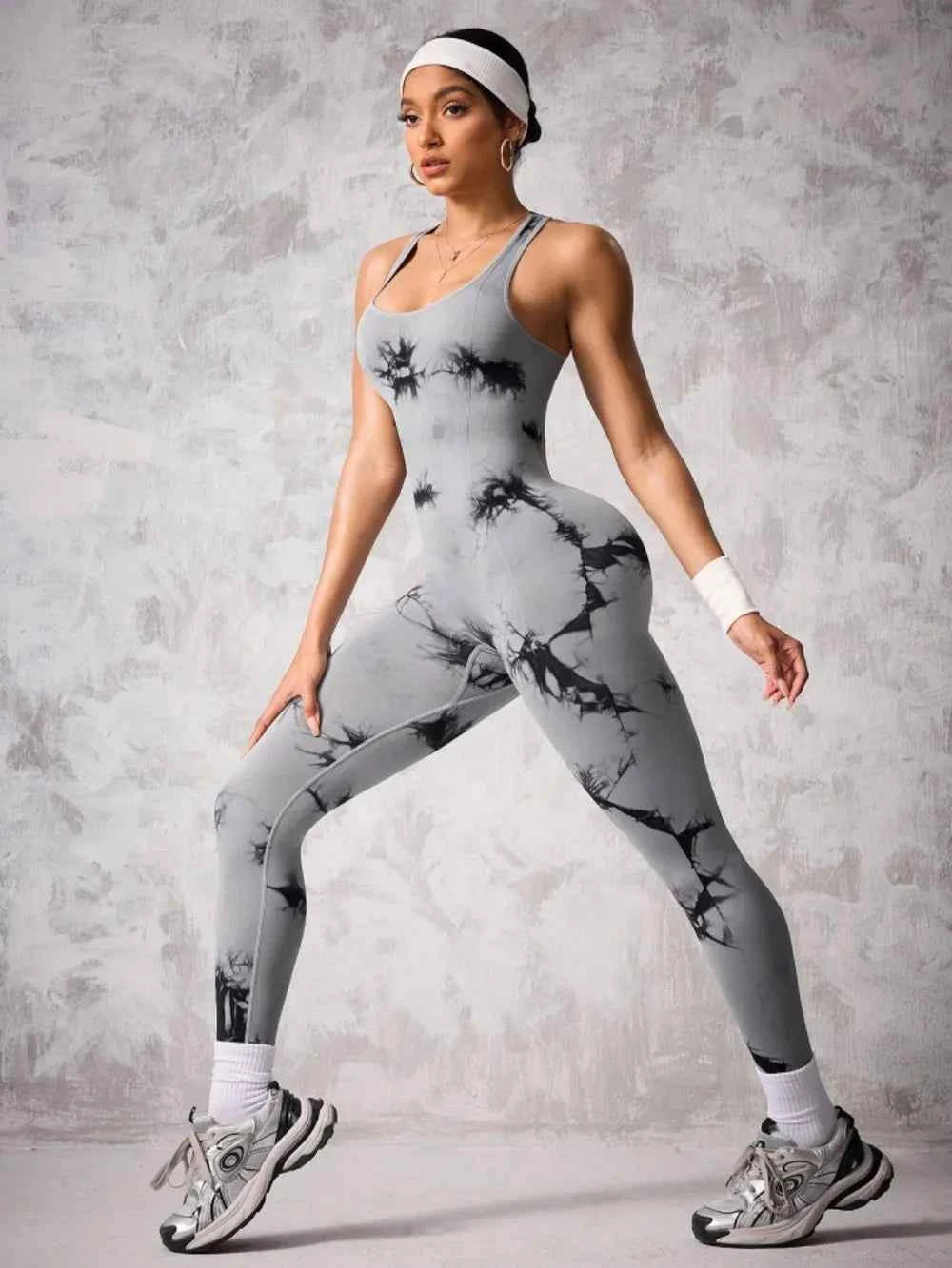 Back Crisscross Tie-Dye Scoop Neck Active Jumpsuit