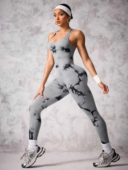 Back Crisscross Tie-Dye Scoop Neck Active Jumpsuit