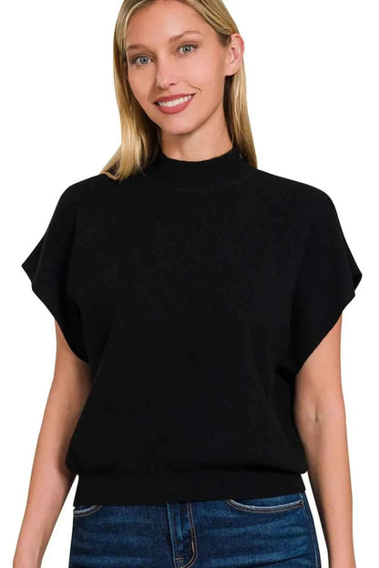 Zenana Mock Neck Short Dolman Sleeve Sweater