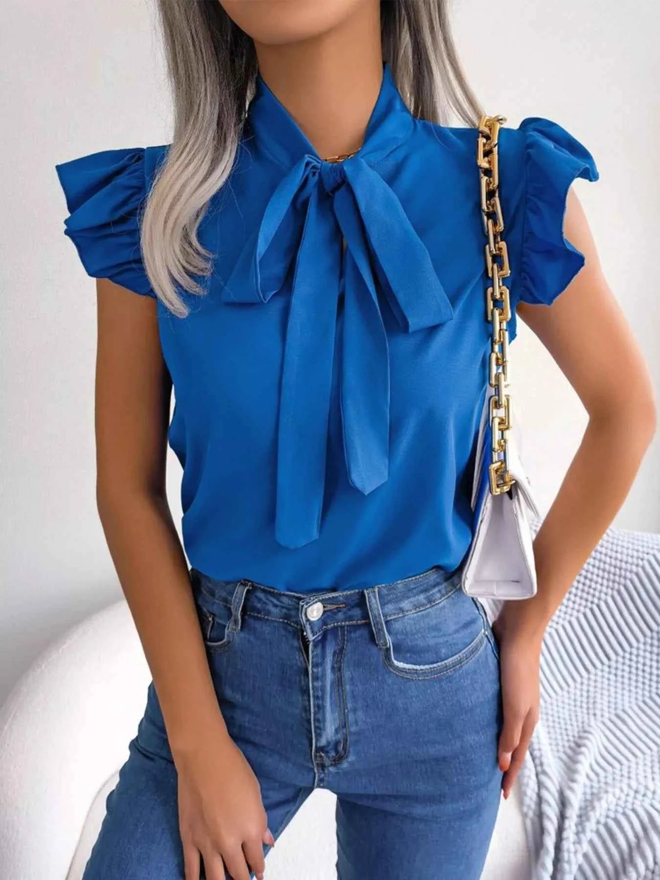 Bow Tie Ruffle Sleeve Blouse